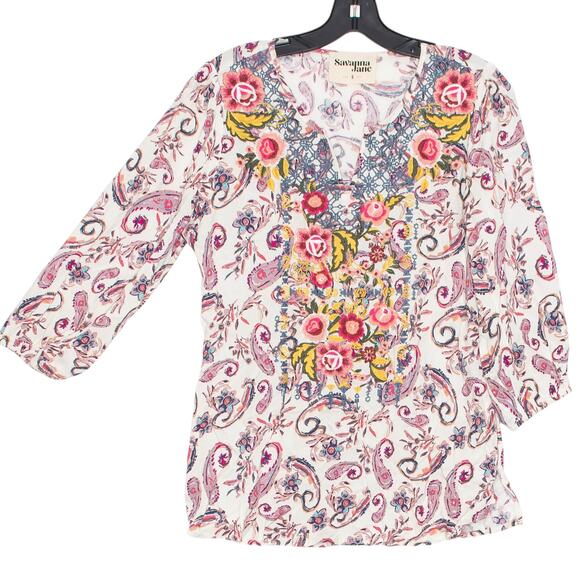 Savanna Jane Top Embroidered Boho Cottage Feminine Whimsy Girly Floral Small KJ - Picture 5 of 5